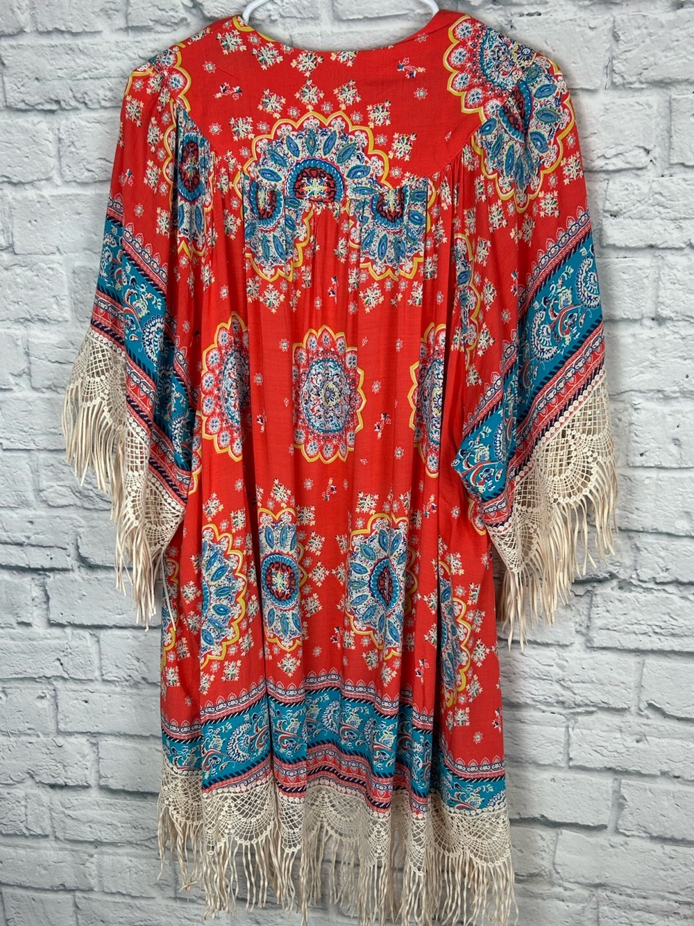 Umgee Boho Fringe Kimono Cover Up Coral Medallion Print S/M - Picture 7 of 7